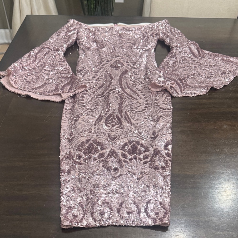 Betsy & Adam Mauve Lace Bell Sleeve Dress